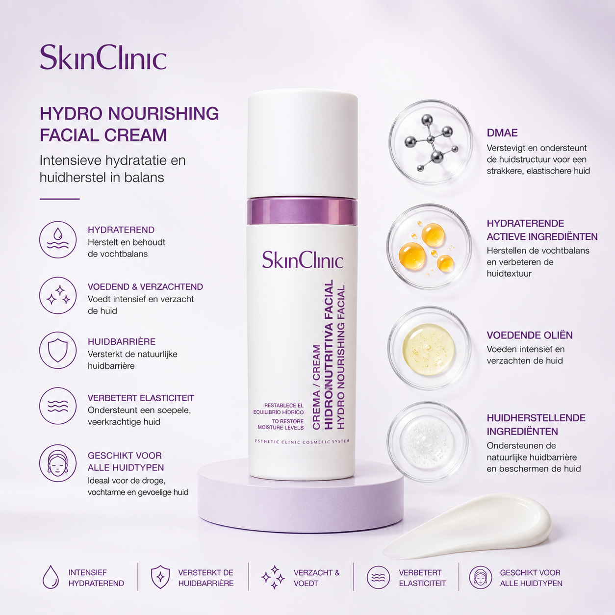 SkinClinic Hydro-Nourishing Facial Cream 50 ml – Hydraterende en Voedende Gezichtscrème voor Alle Huidtypen