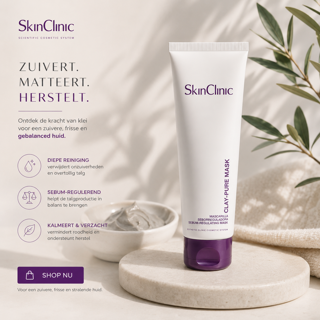 SkinClinic Clay-Pure Mask 100 ml – Zuiverend Kleimasker tegen Onzuiverheden en Verstopte Poriën
